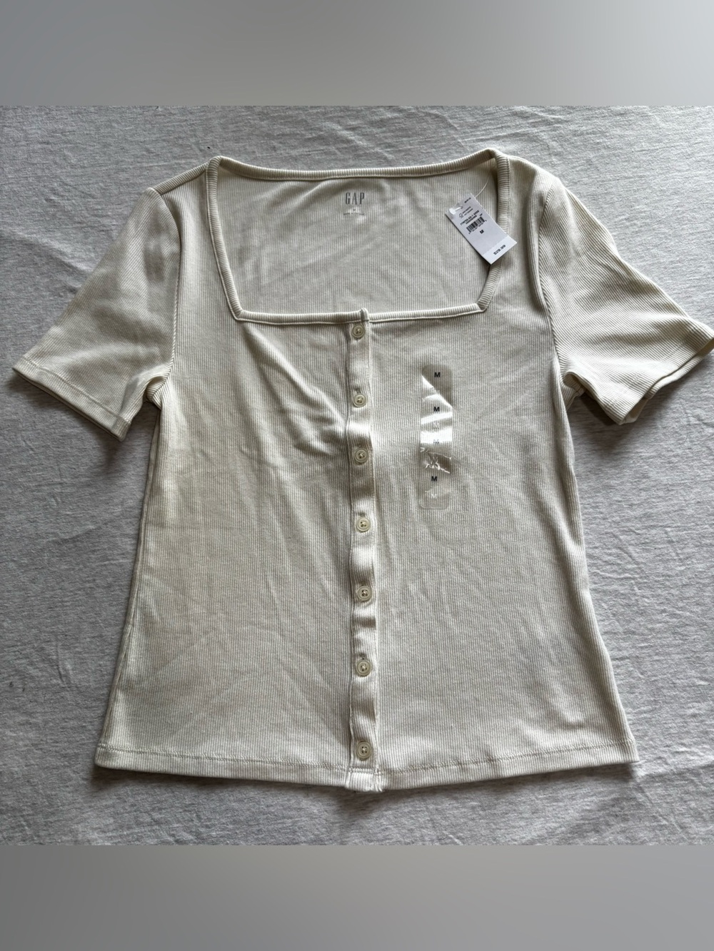 NWT Gap Cream Ribbed Square Neck Button Front Henley Top Blouse Size L